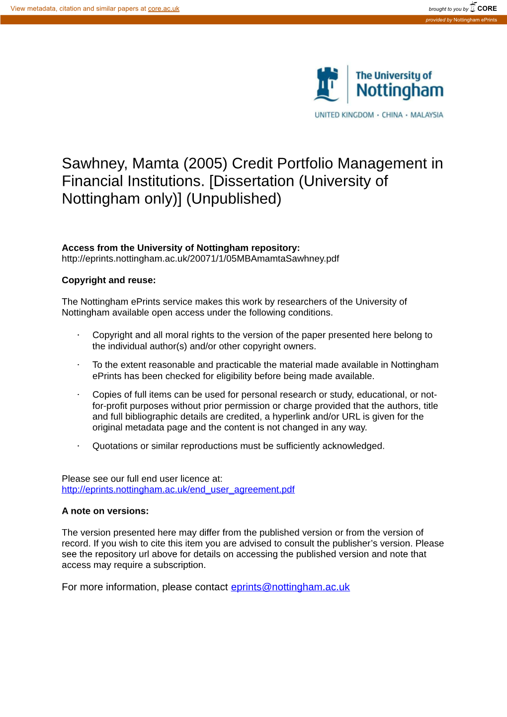 Sawhney, Mamta (2005) Credit Portfolio Management in Financial Institutions. [Dissertation (University of Nottingham Only)] (Unpublished)