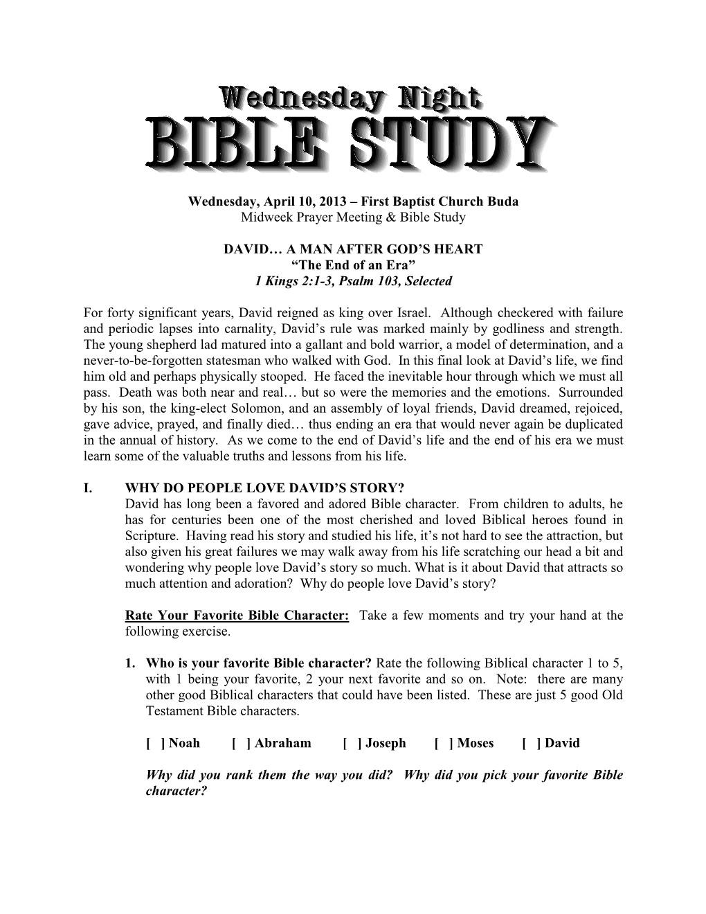 Wednesday, April 10, 2013 – First Baptist Church Buda Midweek Prayer Meeting & Bible Study