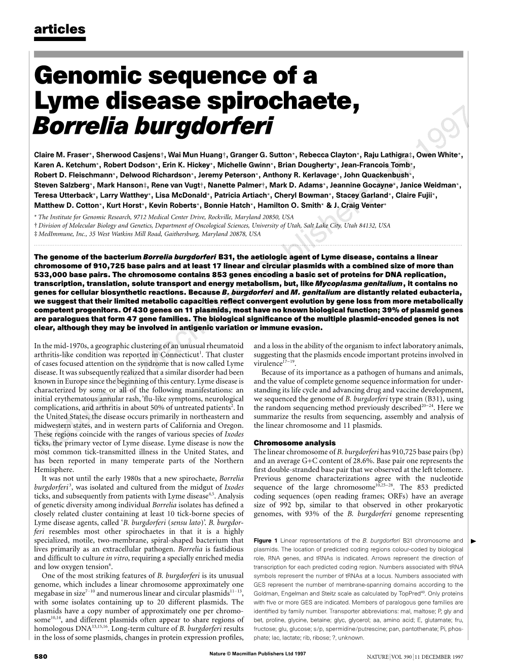 Genomic Sequence of a Lyme Disease Spirochaete, Borrelia Burgdorferi