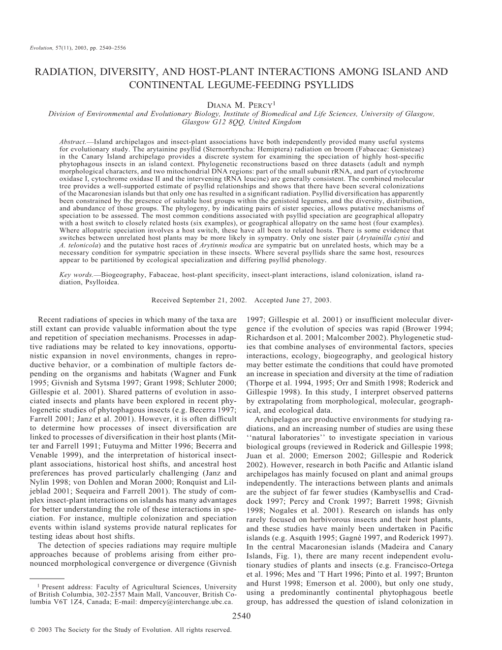 Radiation, Diversity, and Host-Plant Interactions Among Island and Continental Legume-Feeding Psyllids