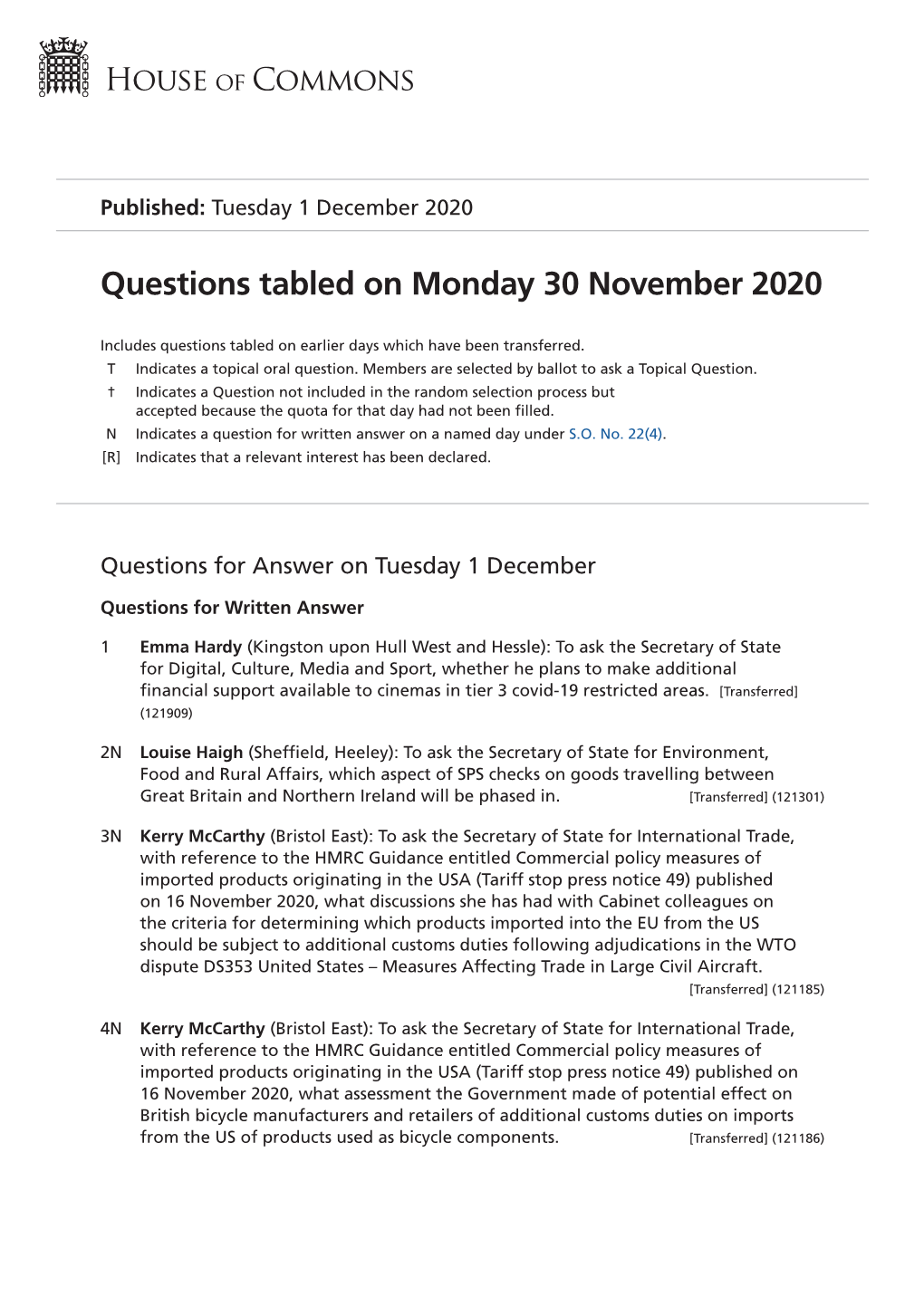 Questions Tabled on Monday 30 November 2020