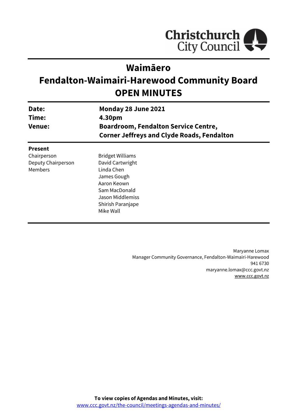 Minutes of Waimāero Fendalton-Waimairi-Harewood Community Board