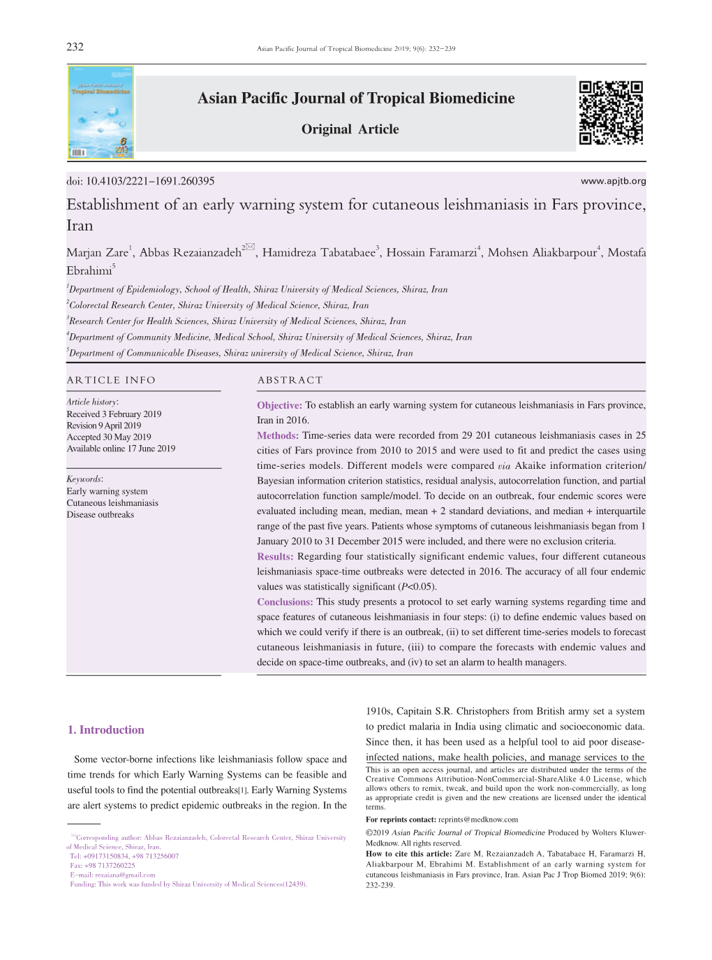 Establishment of an Early Warning System for Cutaneous Leishmaniasis in Fars Province, Iran