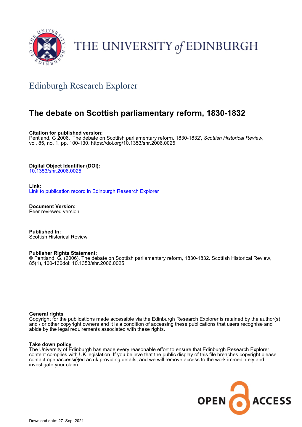 The Debate on Scottish Parliamentary Reform, 1830-1832