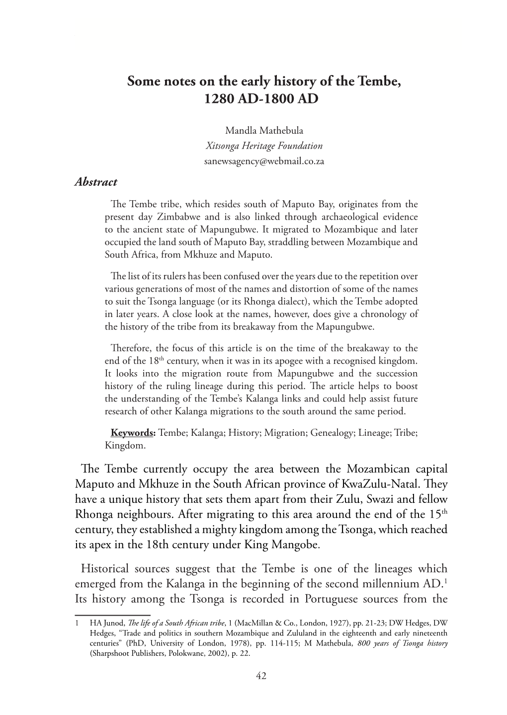 Some Notes on the Early History of the Tembe, 1280 AD-1800 AD