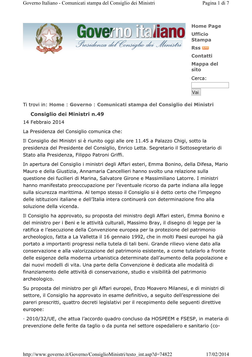 Consiglio Dei Ministri N.49 Pagina 1 Di 7 Governo Italiano