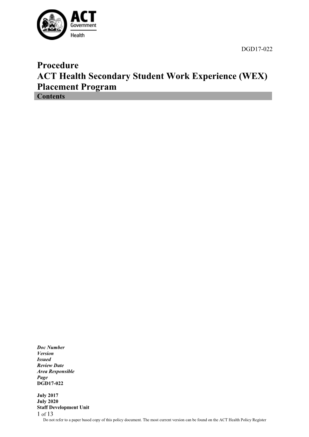 ACT Health Secondary Student Work Experience (WEX) Placement Program Procedure