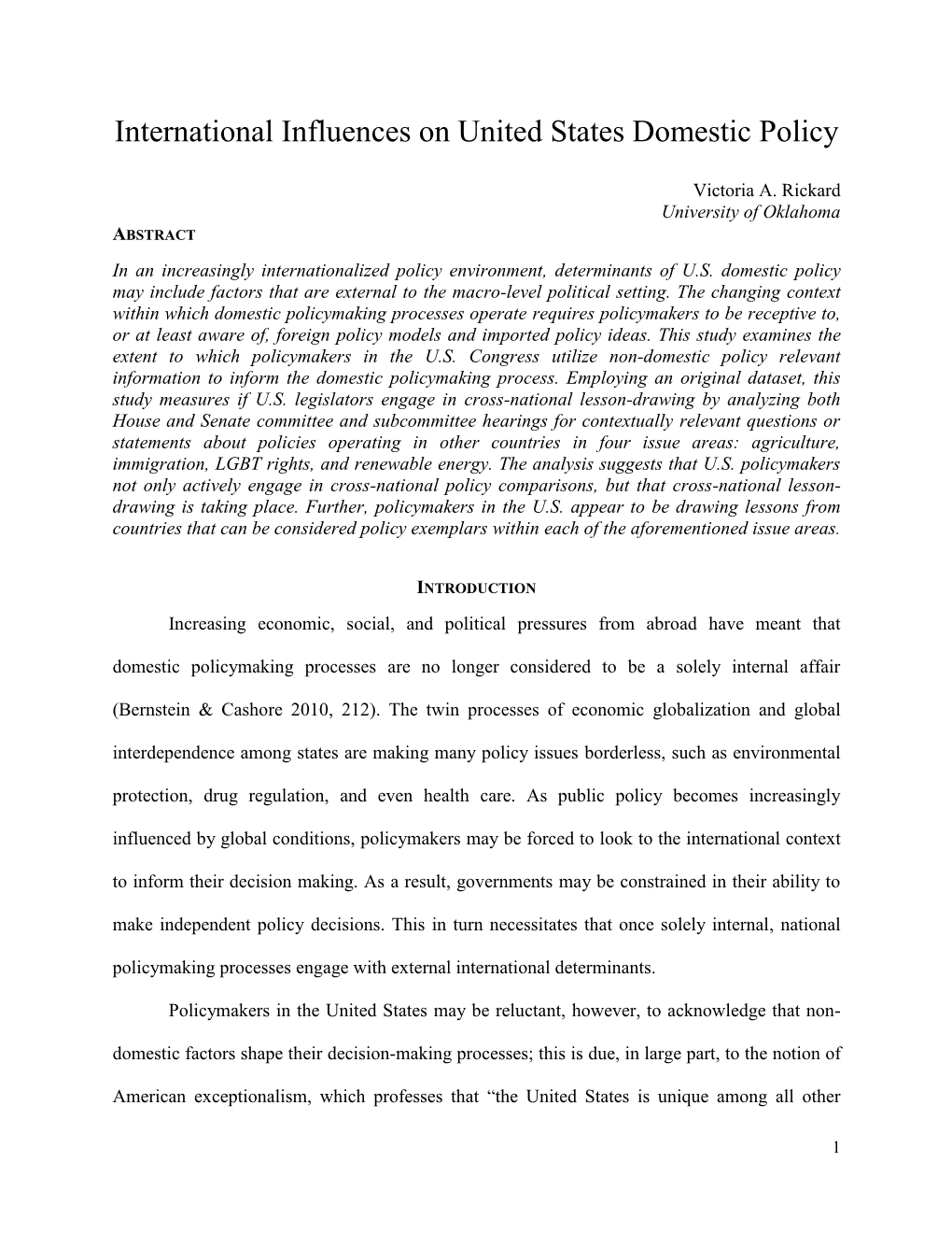 International Influences on United States Domestic Policy