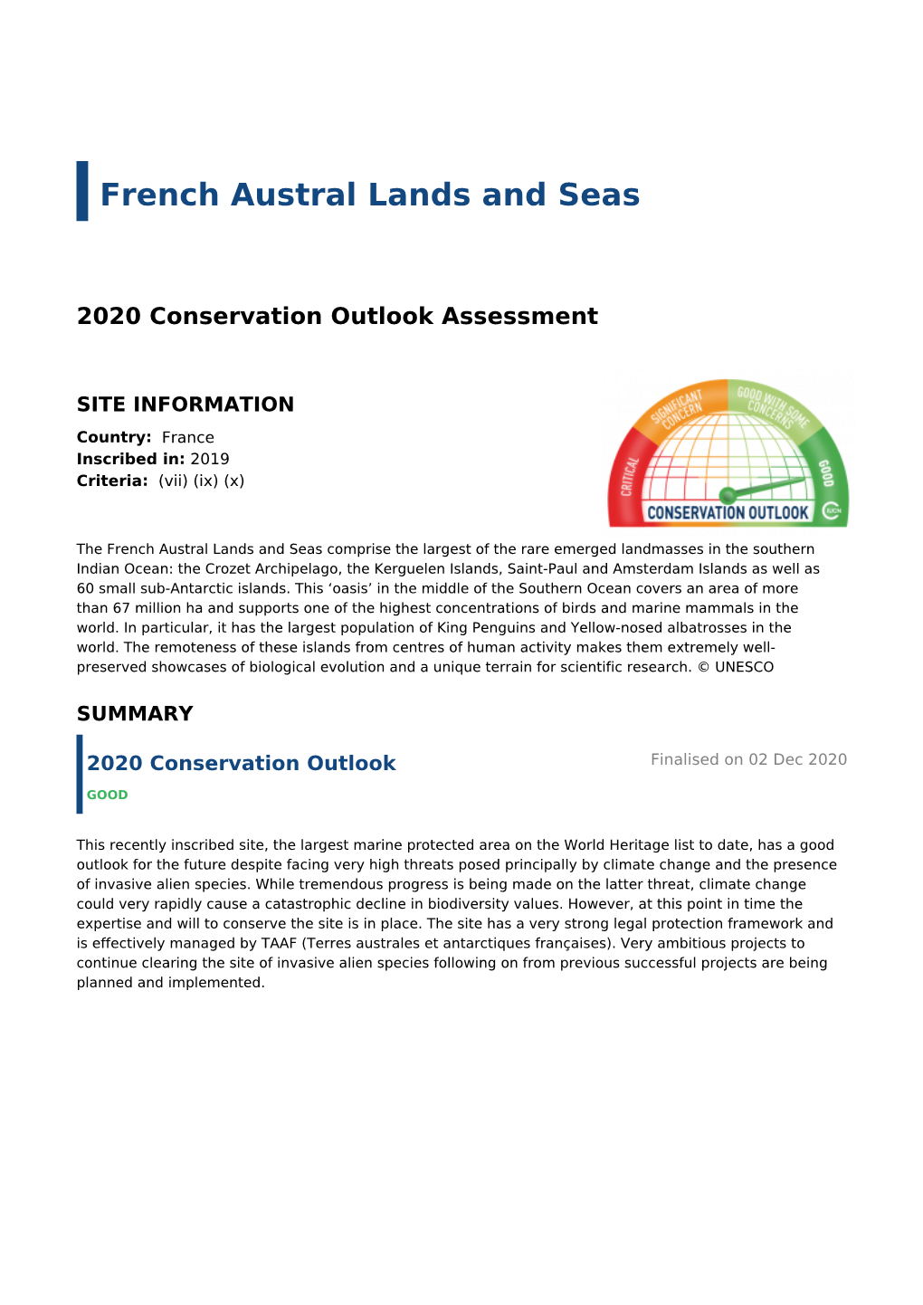 2020 Conservation Outlook Assessment