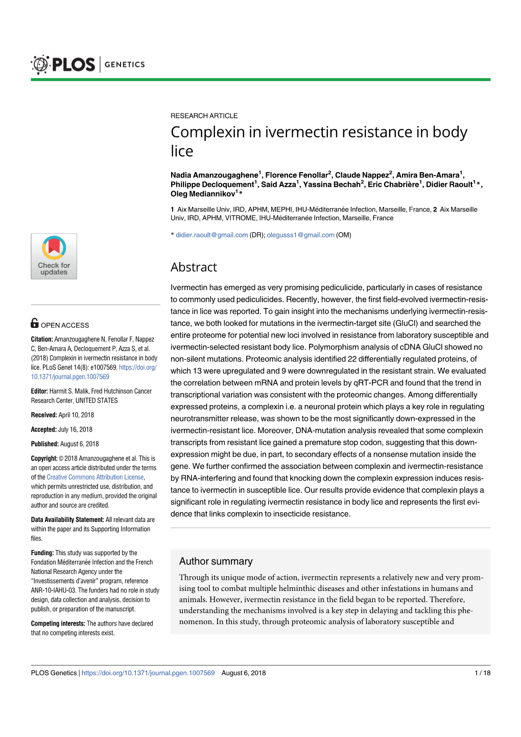 Complexin in Ivermectin Resistance in Body Lice