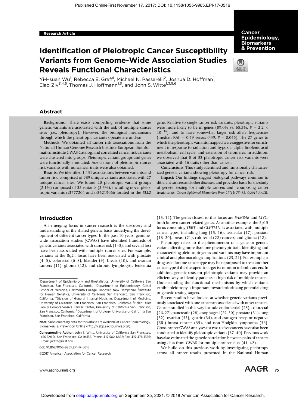 Identification of Pleiotropic Cancer Susceptibility Variants from Genome-Wide Association Studies Reveals Functional Characteristics