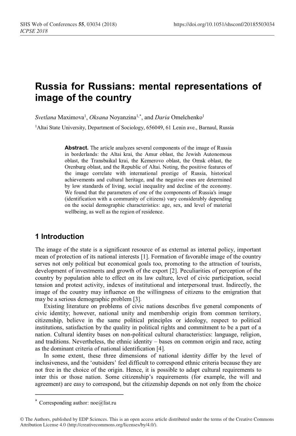 Russia for Russians: Mental Representations of Image of the Country