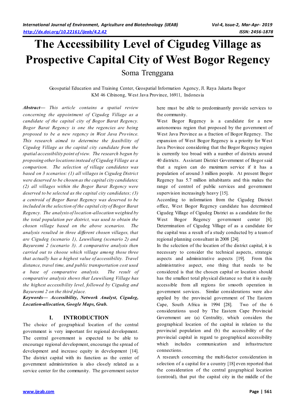 The Accessibility Level of Cigudeg Village As Prospective Capital City of West Bogor Regency Soma Trenggana