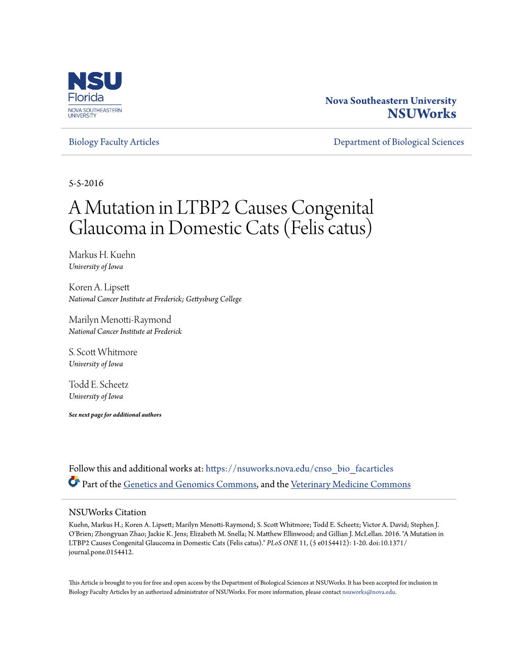 A Mutation in LTBP2 Causes Congenital Glaucoma in Domestic Cats (Felis Catus) Markus H