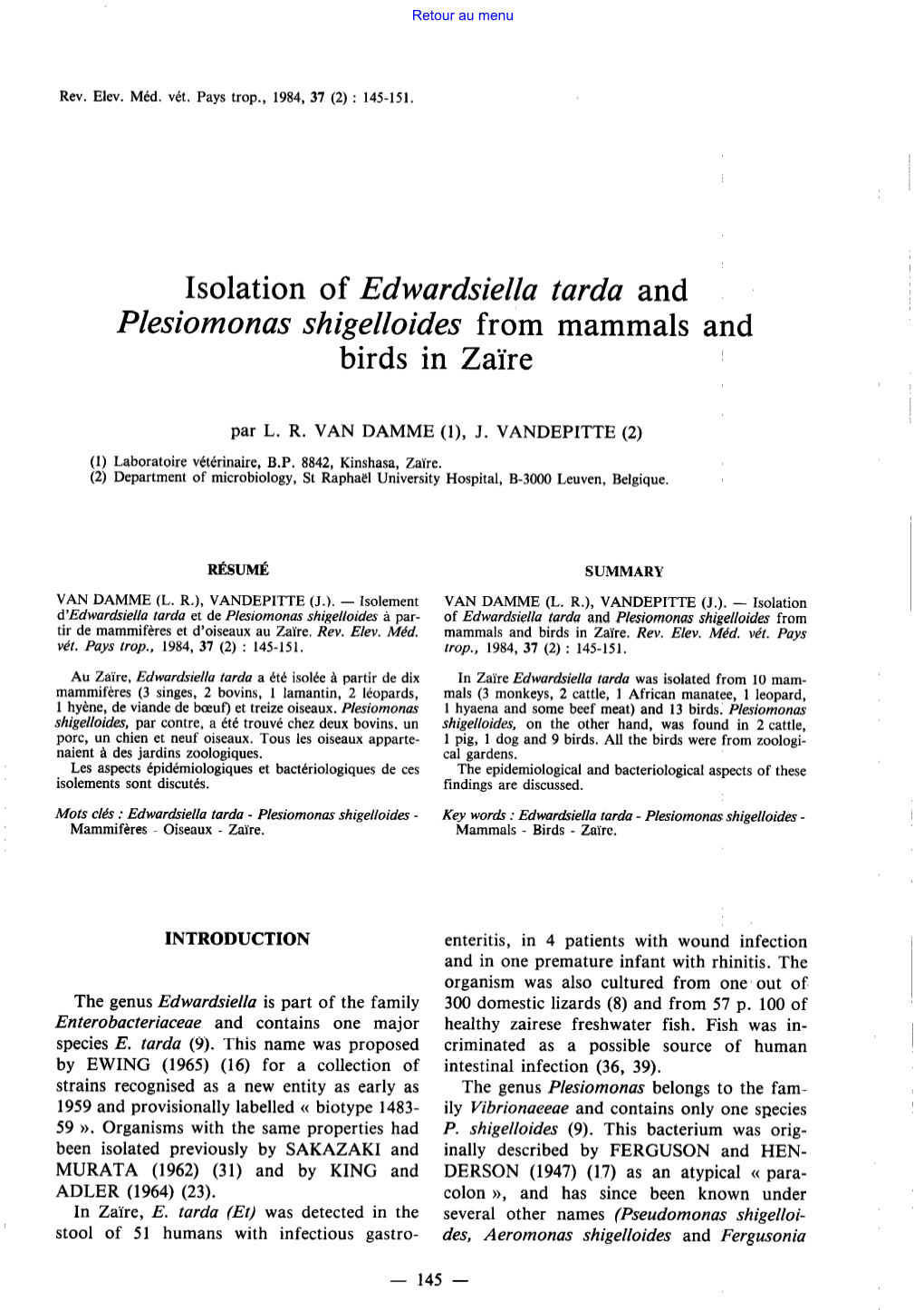 Isolation of Edwardsiella Tarda and Plesiomonas Shigelloides from Mammals and Birds in Zaïre