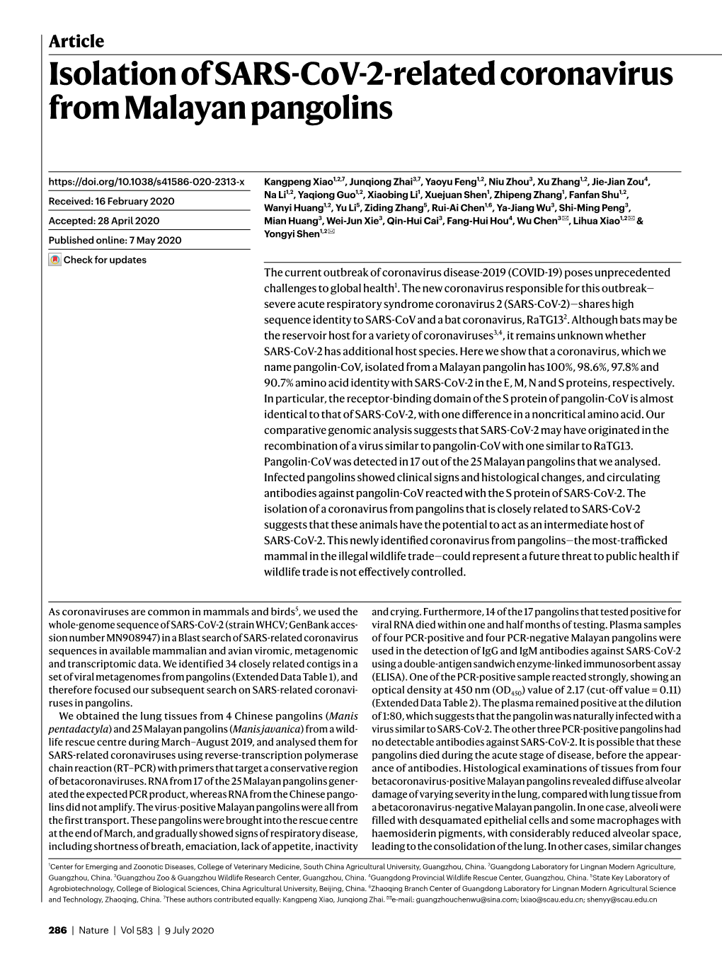 Isolation of SARS-Cov-2-Related Coronavirus from Malayan Pangolins