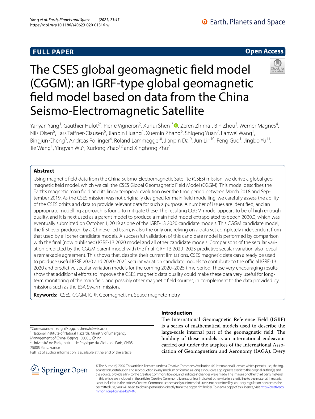 The CSES Global Geomagnetic Field Model (CGGM): an IGRF-Type Global Geomagnetic Field Model Based on Data from the China Seismo