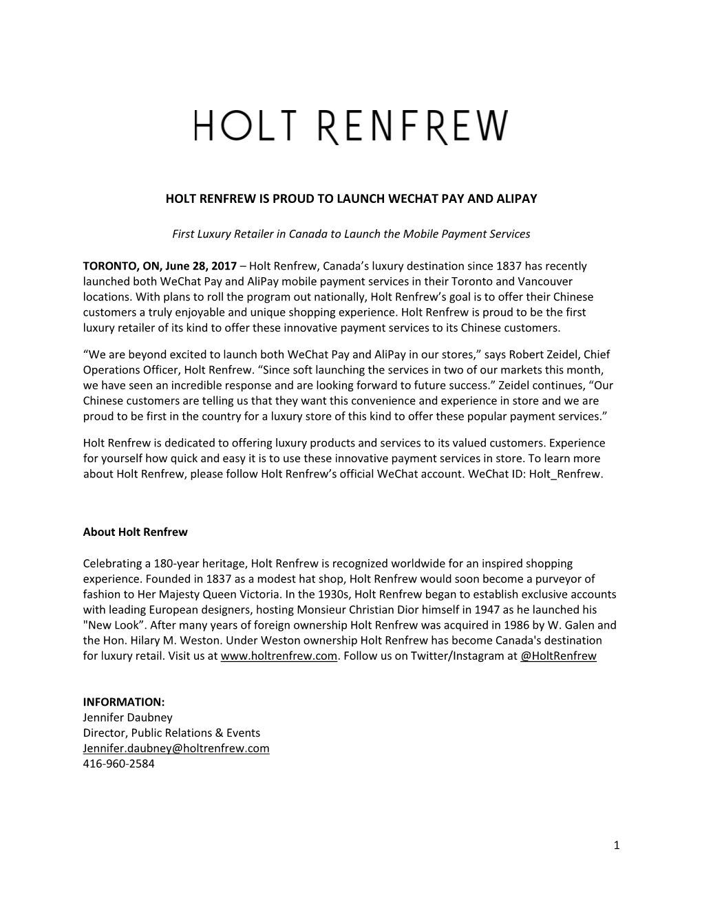 Holt Renfrew Is Proud to Launch Wechat Pay and Alipay