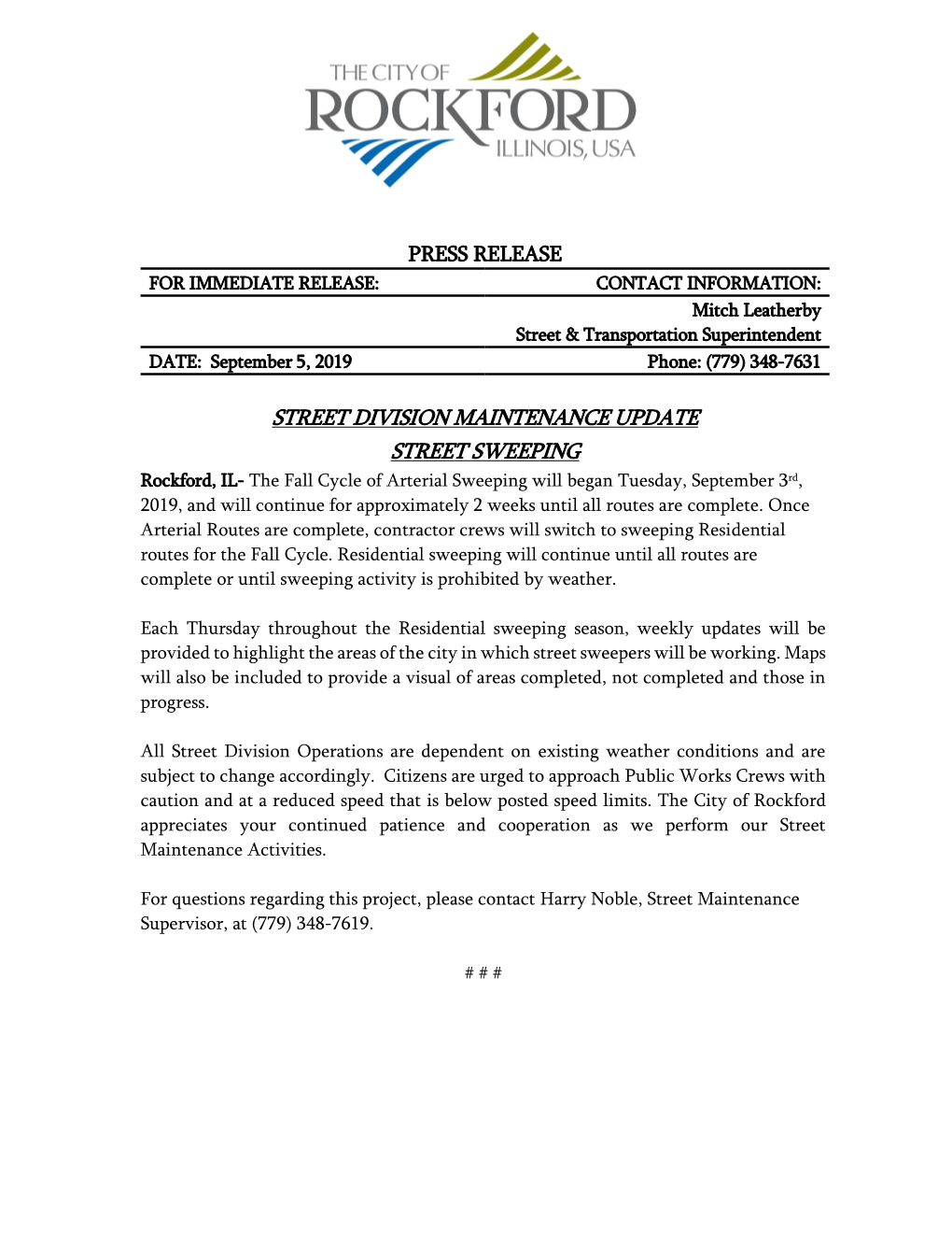 Street Division Maintenance Update Street Sweeping