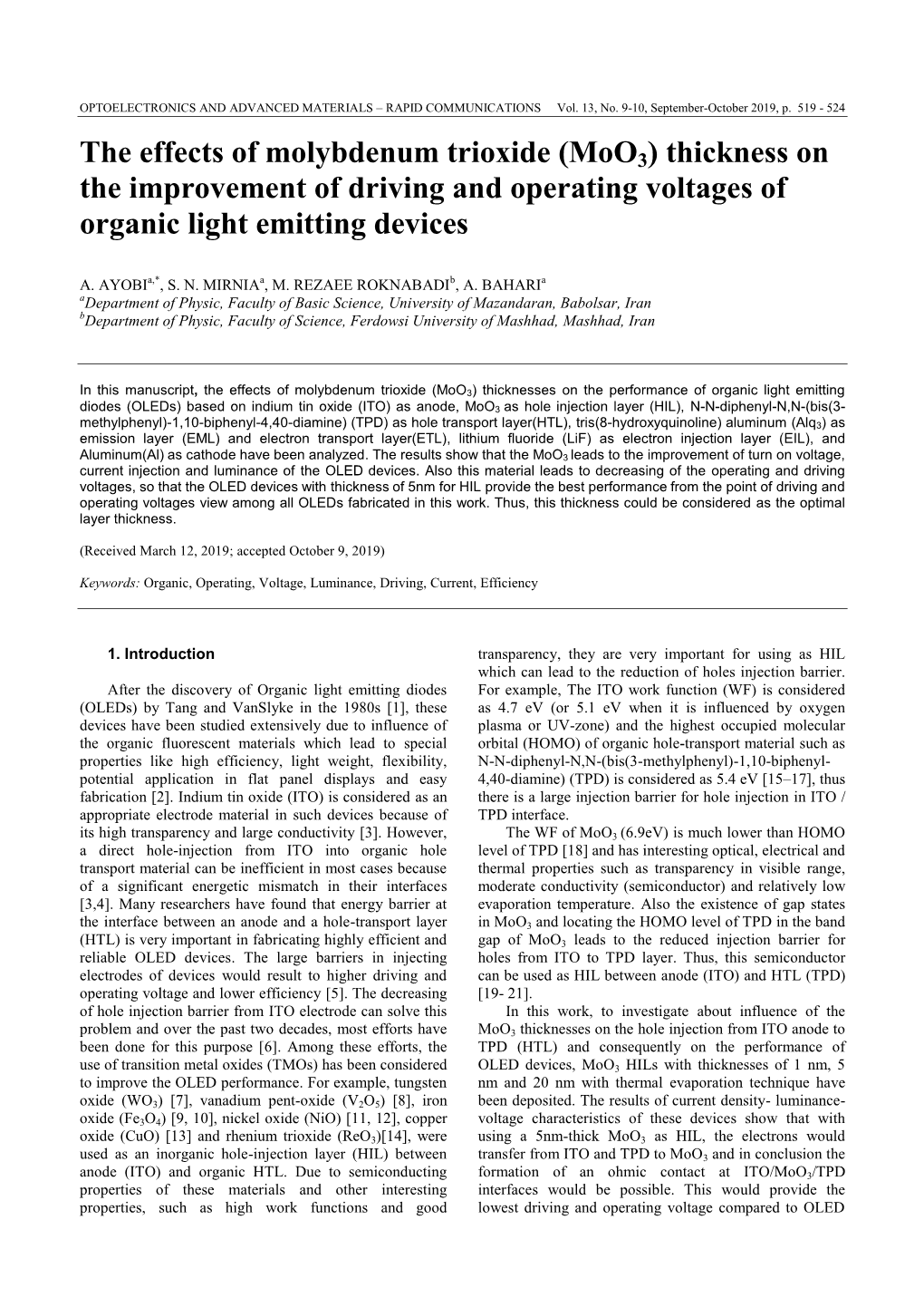 (Moo3) Thickness on the Improvement of Driving and Operating Voltages of Organic Light Emitting Devices