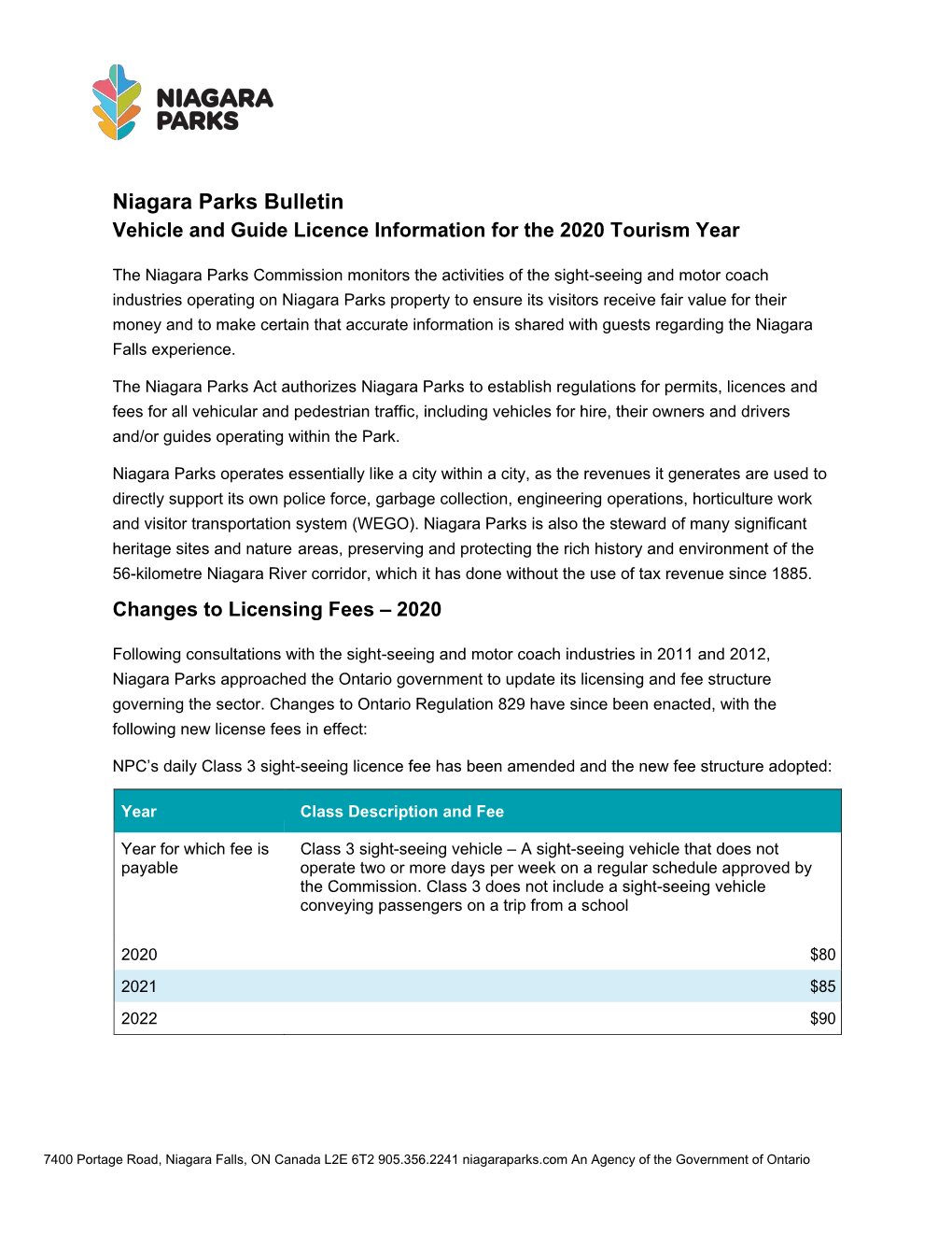 Niagara Parks Bus Licensing Bulletin