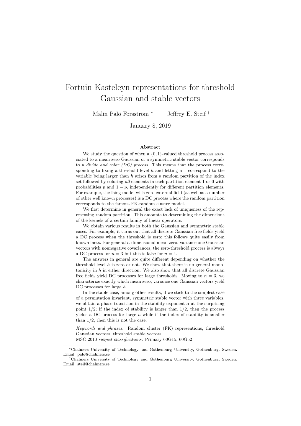 Fortuin-Kasteleyn Representations for Threshold Gaussian and Stable Vectors