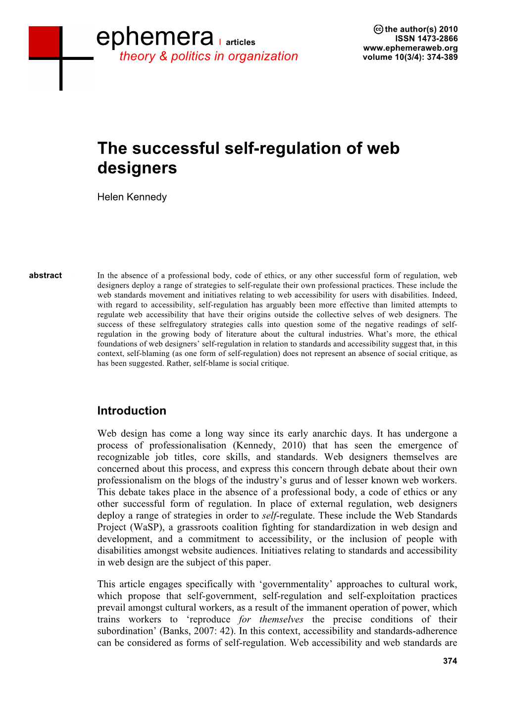 The Successful Self-Regulation of Web Designers