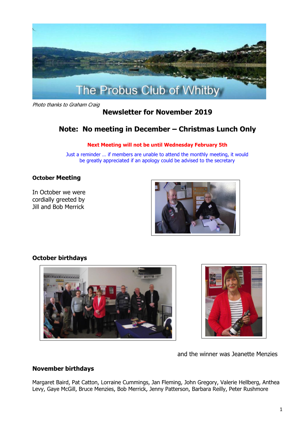 Newsletter for November 2019 Note: No Meeting in December