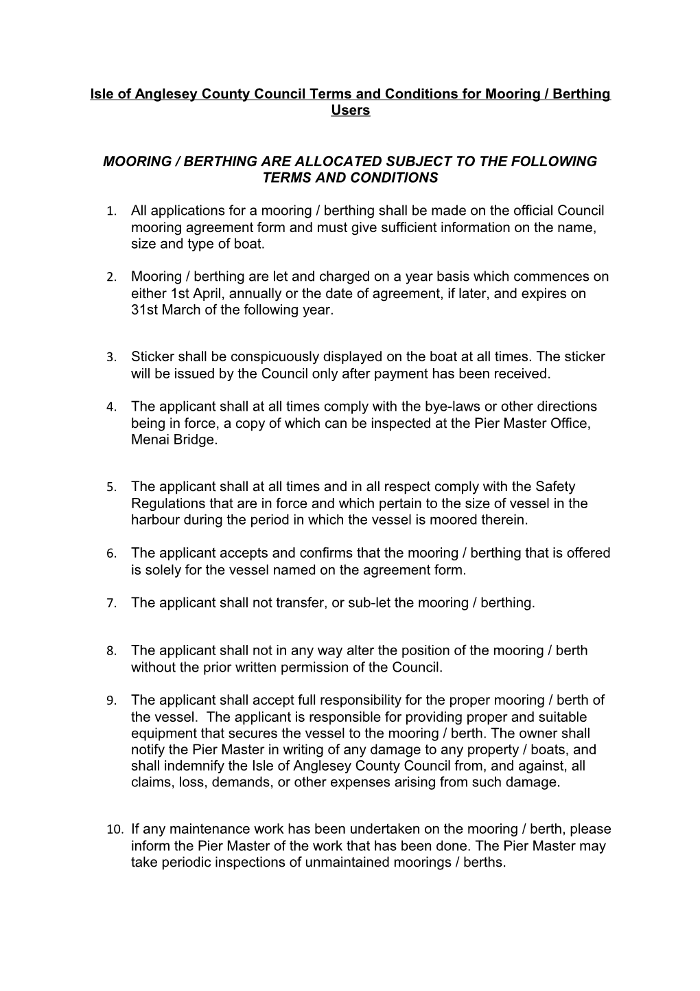 Isle of Anglesey County Council Terms and Conditions for Mooring / Berthing Users