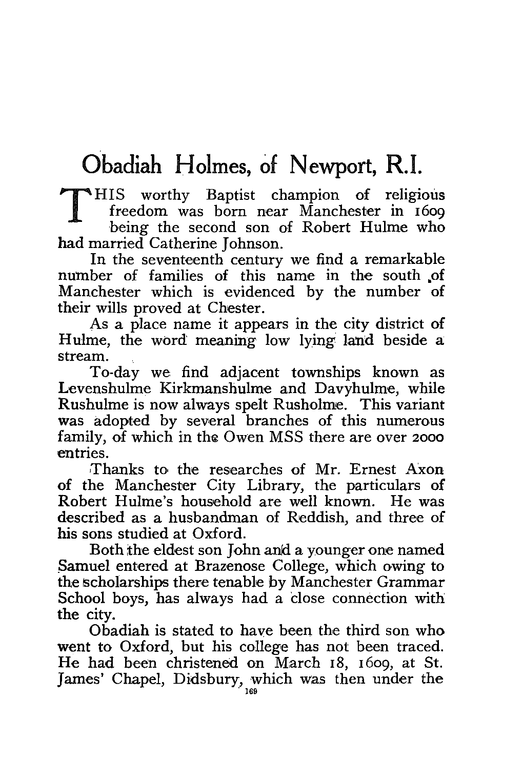 Obadiah Holmes, of Newport, R.1. 'THIS Worthy Baptist Champion of Religious