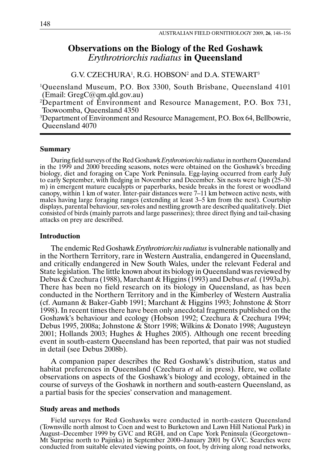 Observations on the Biology of the Red Goshawk Erythrotriorchis Radiatus in Queensland