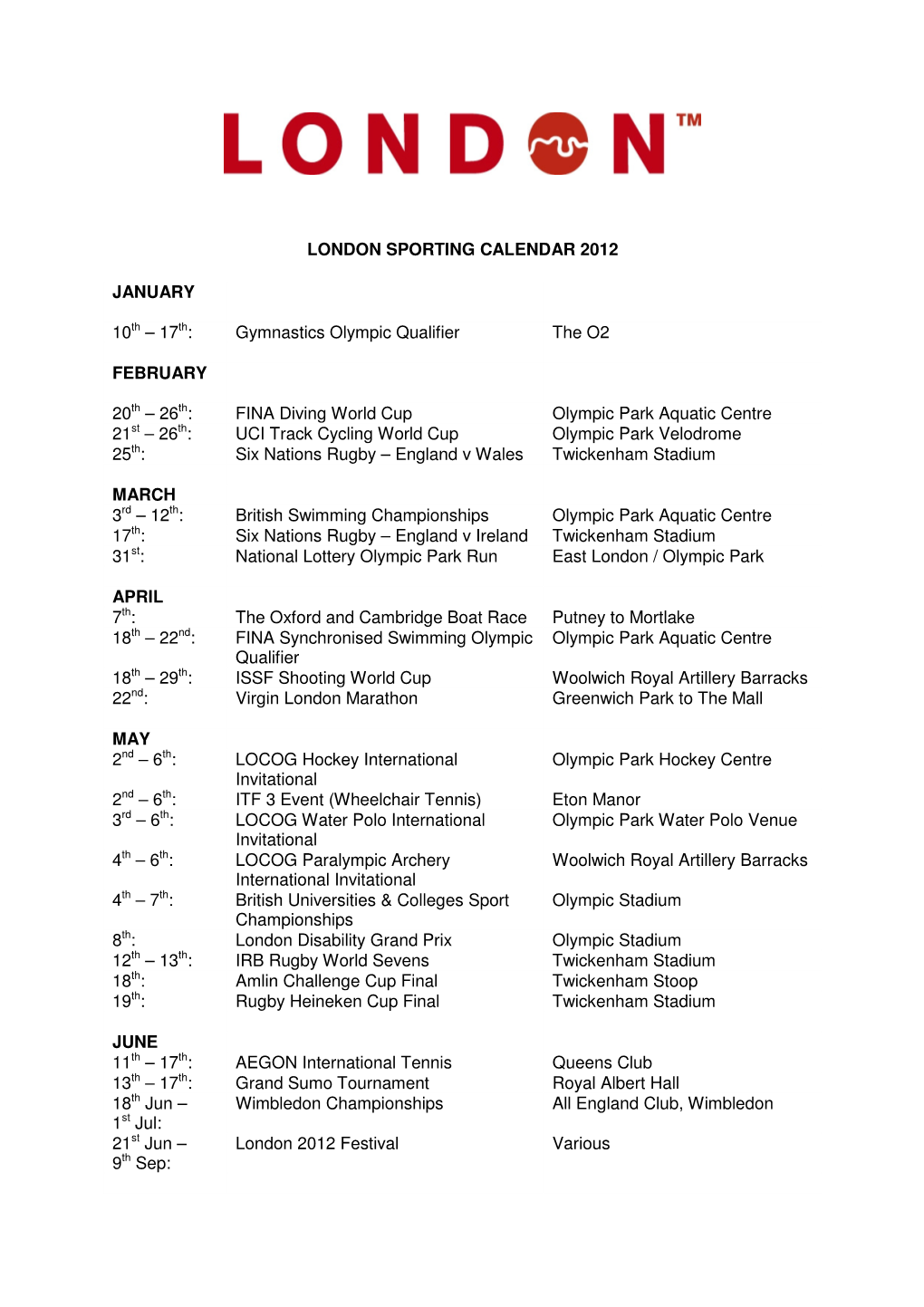 London Sporting Calendar 2012