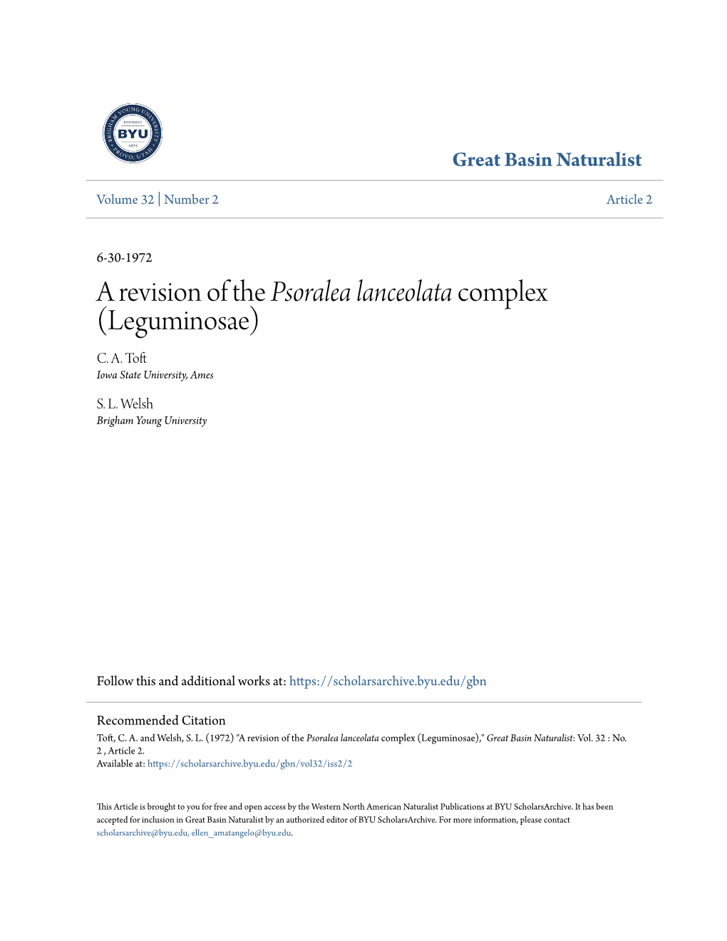 A Revision of the Psoralea Lanceolata Complex (Leguminosae) C