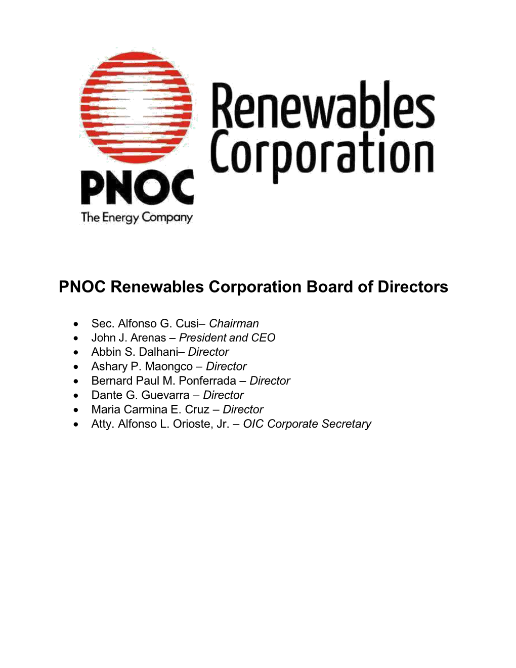 PNOC Renewables Corporation Board of Directors