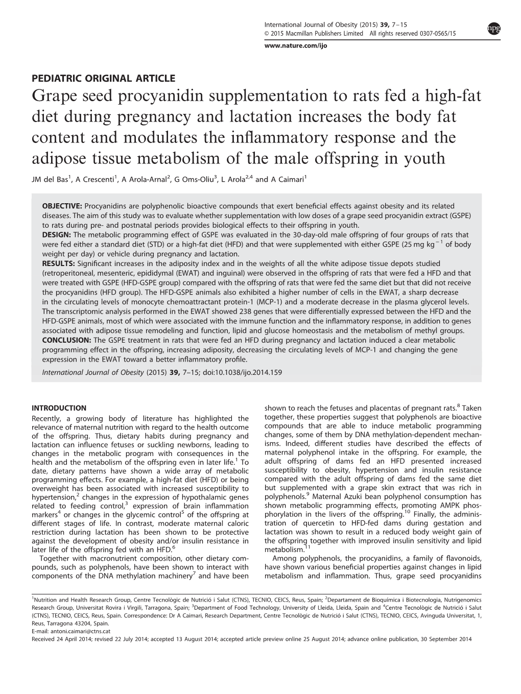 Grape Seed Procyanidin Supplementation to Rats Fed a High-Fat Diet During Pregnancy and Lactation Increases the Body Fat Content