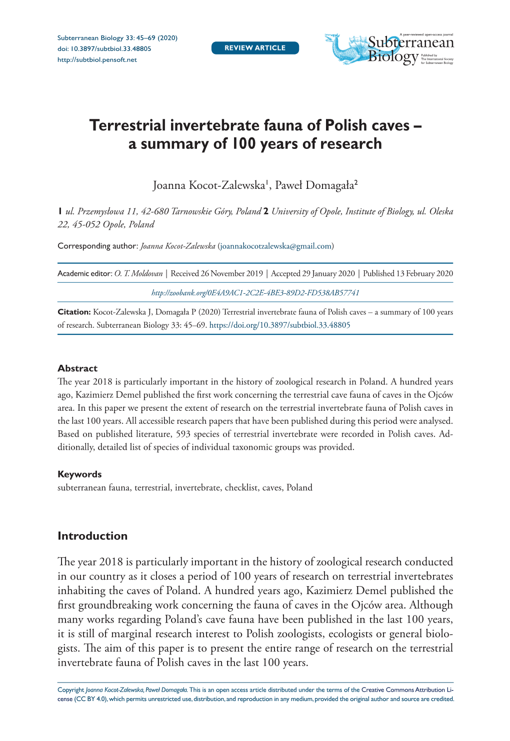 Terrestrial Invertebrate Fauna of Polish Caves – a Summary of 100 Years of Research