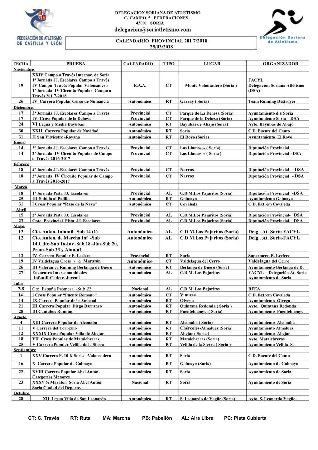 Calendario Provincial 201 7/2018 25/03/2018