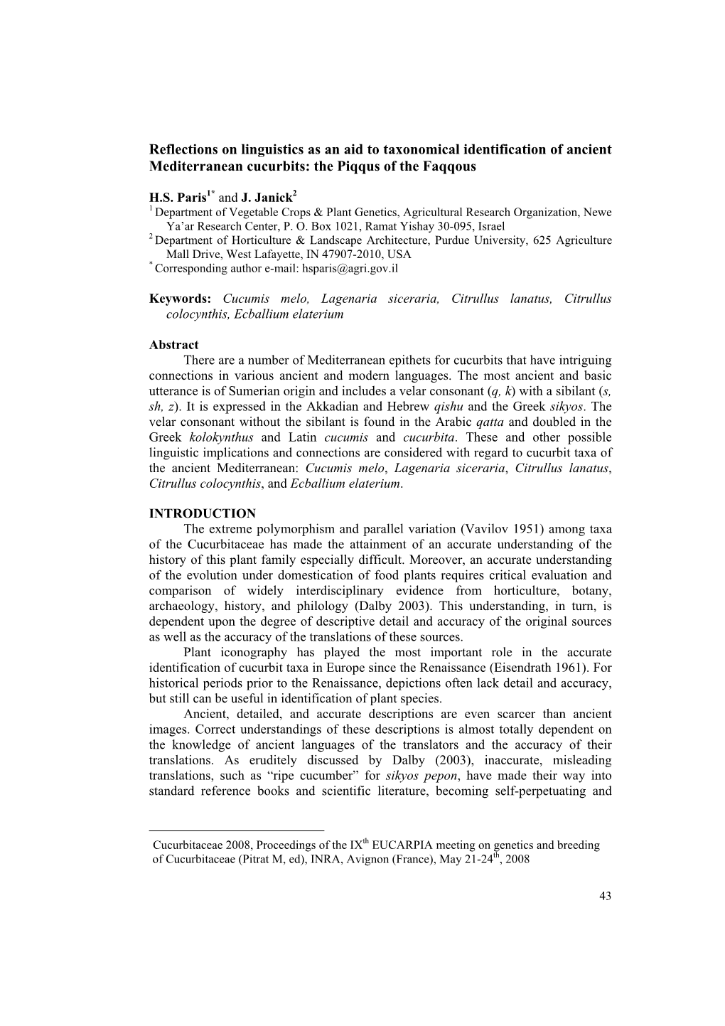 Reflections on Linguistics As an Aid to Taxonomical Identification of Ancient Mediterranean Cucurbits: the Piqqus of the Faqqous1