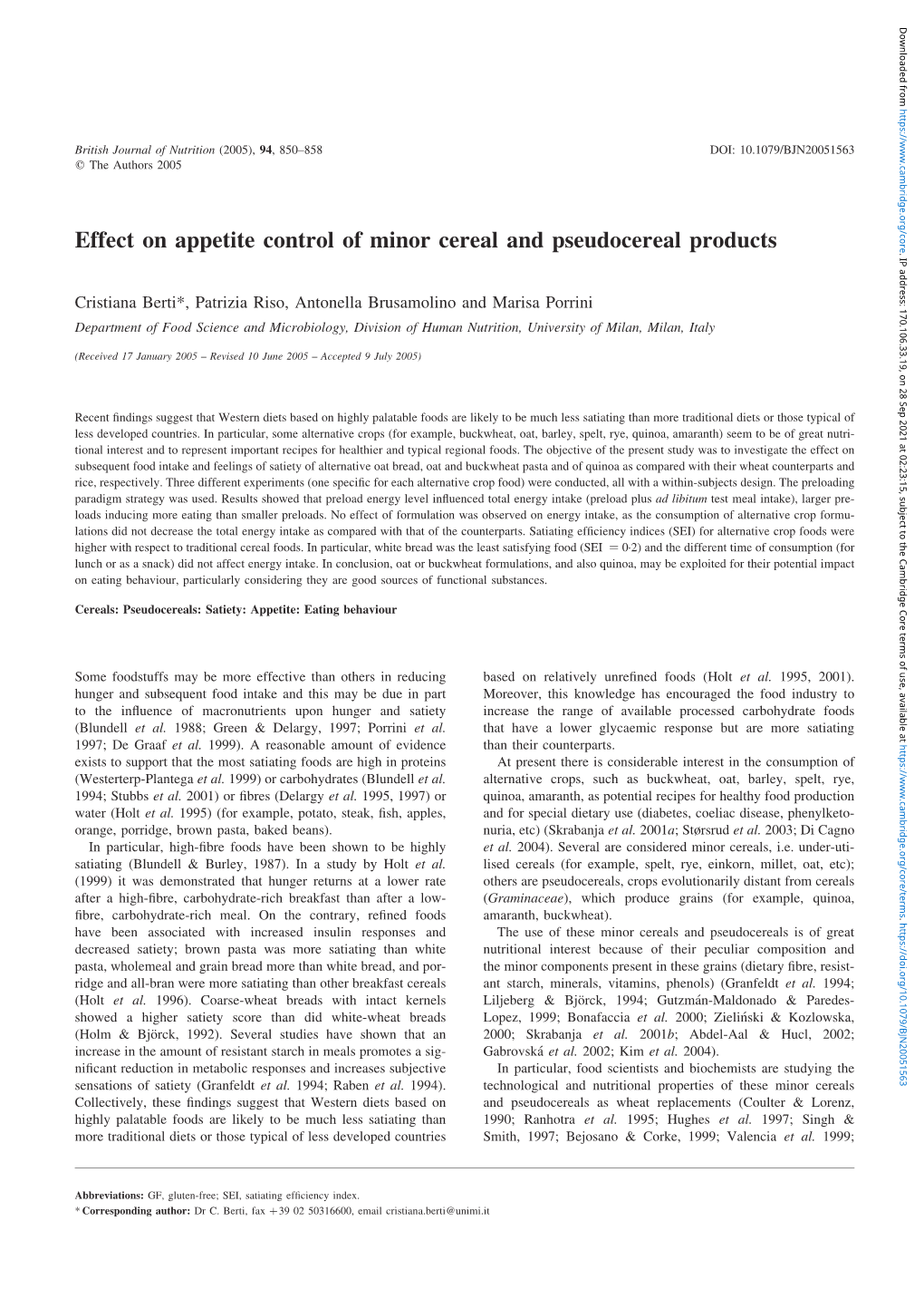 Effect on Appetite Control of Minor Cereal and Pseudocereal Products