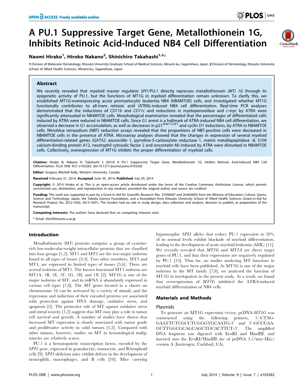 A PU.1 Suppressive Target Gene, Metallothionein 1G, Inhibits Retinoic Acid-Induced NB4 Cell Differentiation