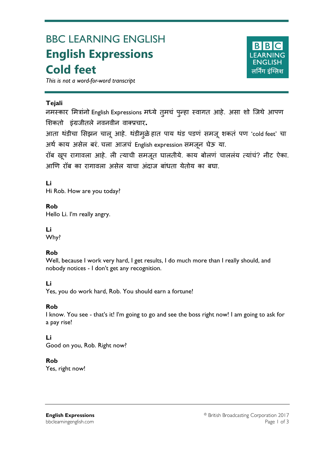 English Expressions Cold Feet This Is Not a Word-For-Word Transcript