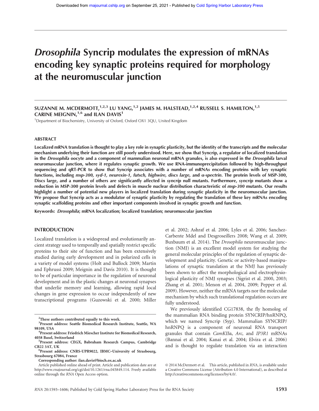 Drosophila Syncrip Modulates the Expression of Mrnas Encoding Key Synaptic Proteins Required for Morphology at the Neuromuscular Junction