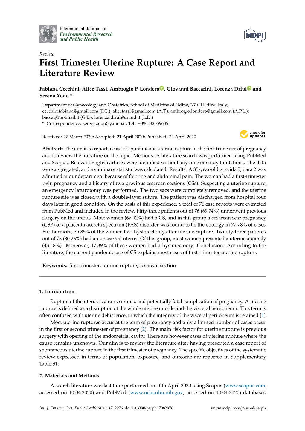 First Trimester Uterine Rupture: a Case Report and Literature Review
