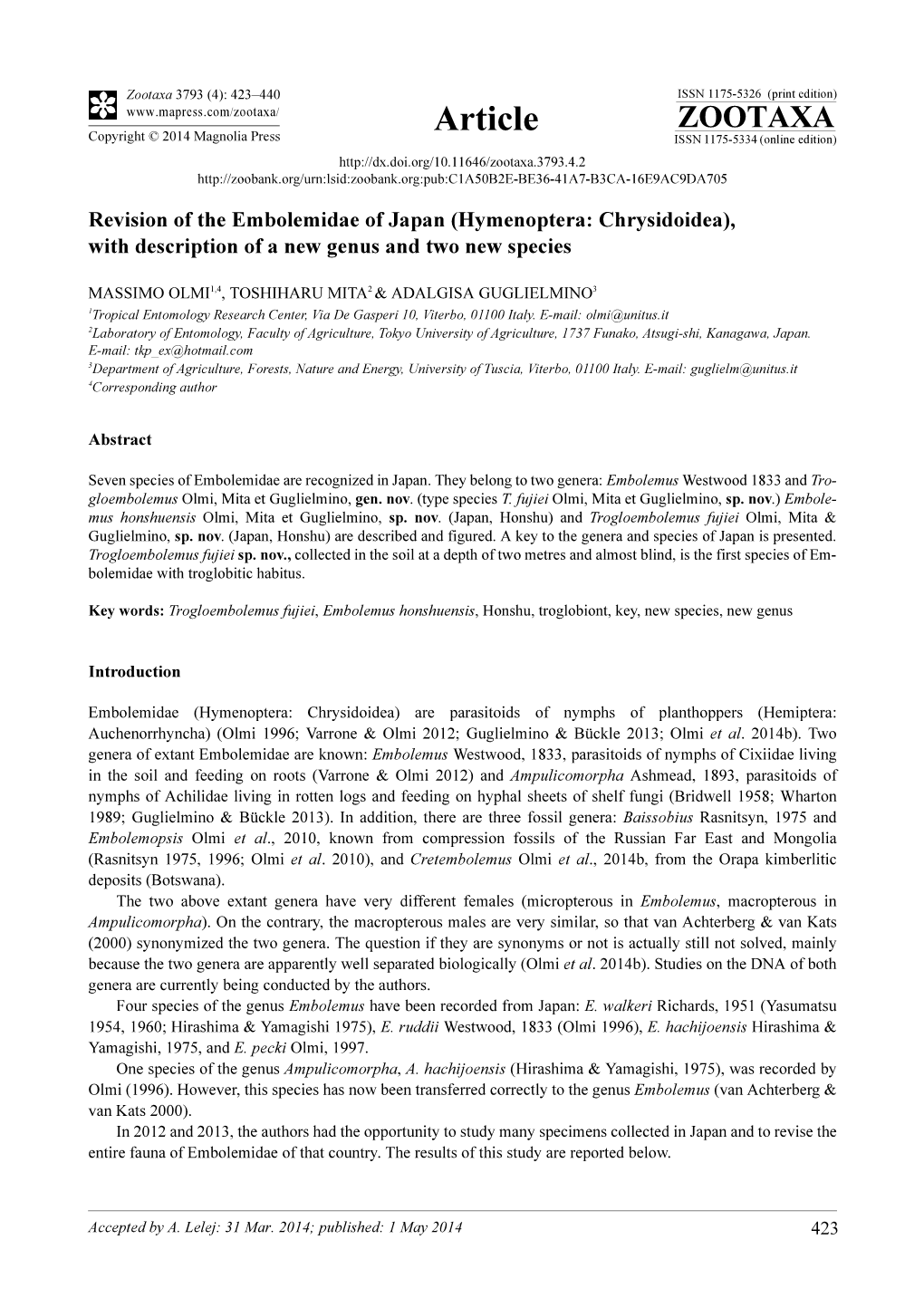 Revision of the Embolemidae of Japan (Hymenoptera: Chrysidoidea), with Description of a New Genus and Two New Species