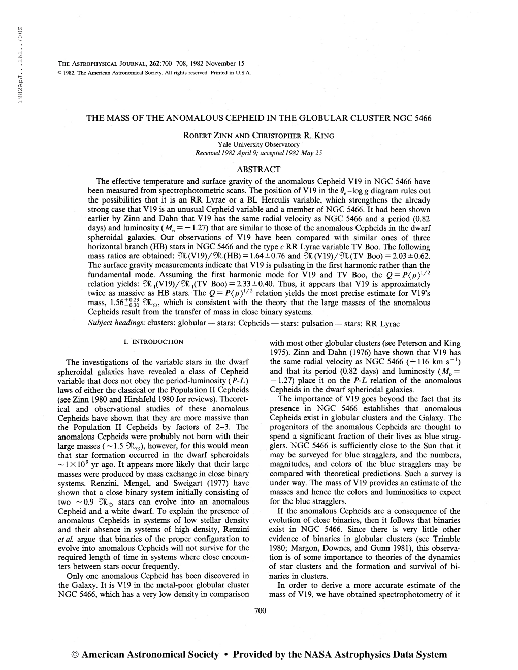 1982Apj. . .262. .700Z the Astrophysical Journal, 262:700-708