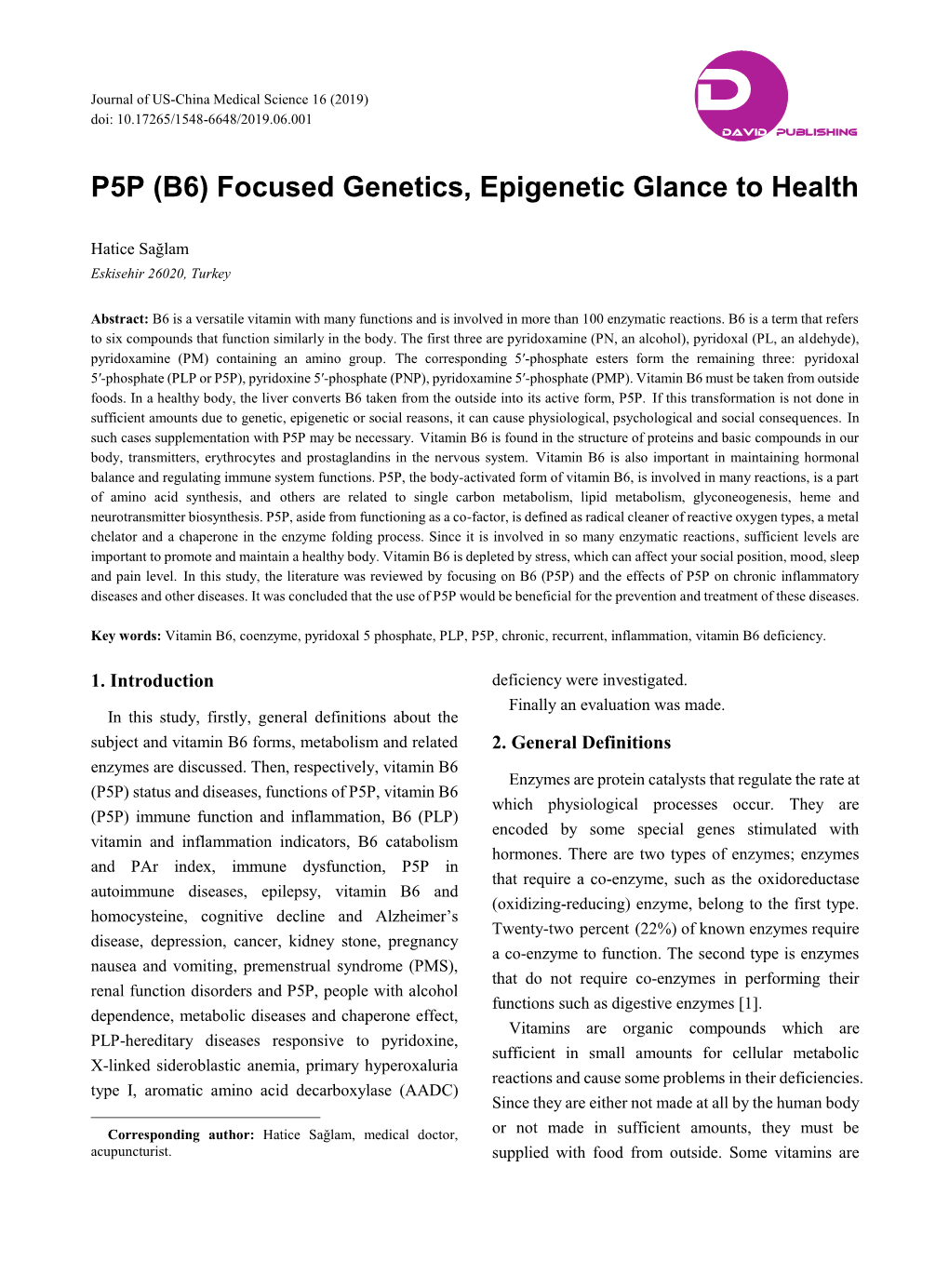 P5P (B6) Focused Genetics, Epigenetic Glance to Health