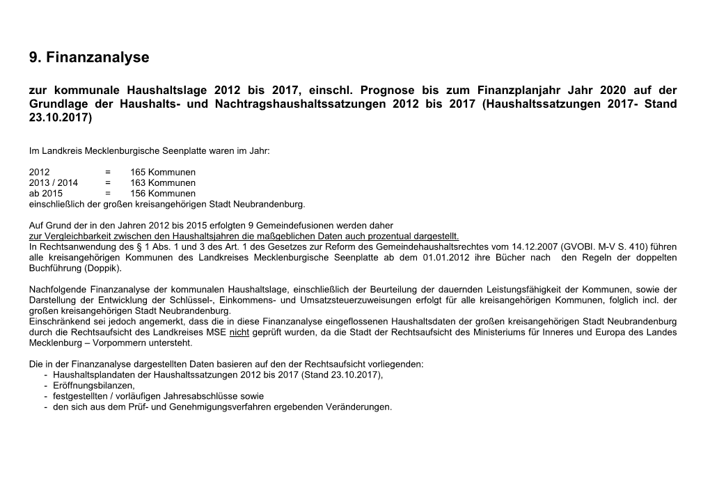 9. Finanzanalyse Zur Kommunale Haushaltslage 2012 Bis 2017, Einschl