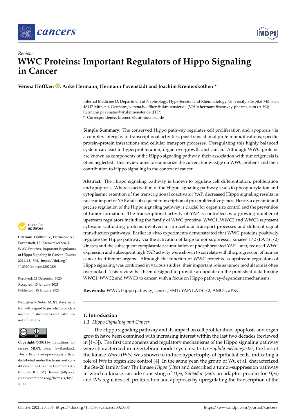 WWC Proteins: Important Regulators of Hippo Signaling in Cancer