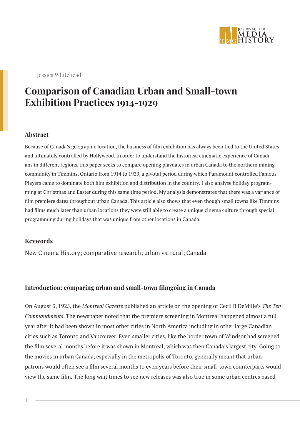 Comparison of Canadian Urban and Small-Town Exhibition Practices 1914-1929