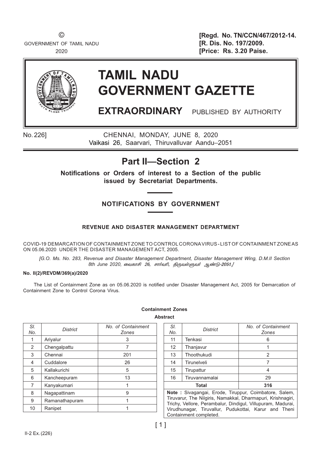 226] CHENNAI, MONDAY, JUNE 8, 2020 Vaikasi 26, Saarvari, Thiruvalluvar Aandu–2051